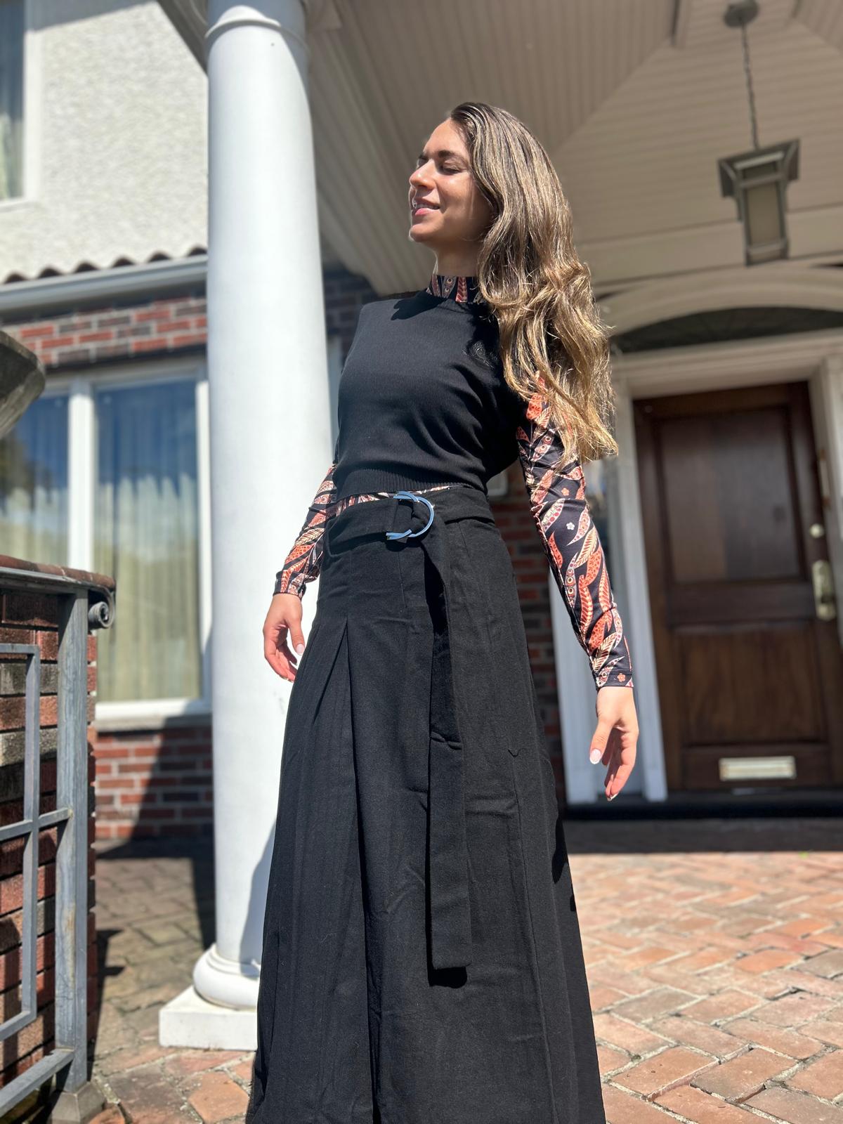 WOOL BELTED FRONT PLEAT MIDI SKIRT