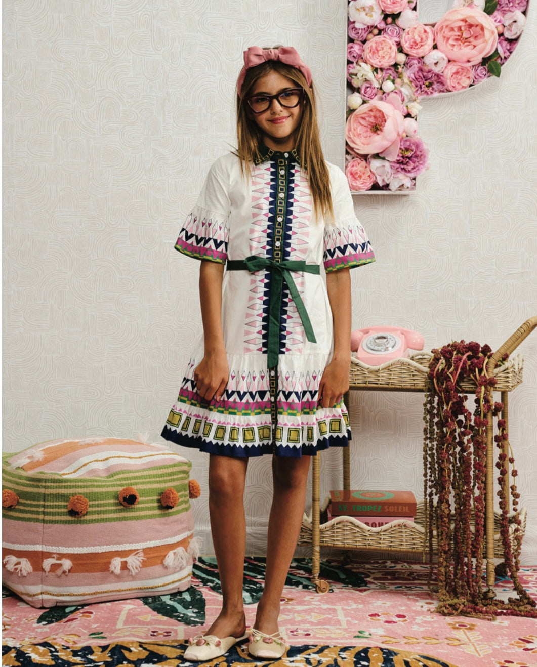 PORTER WHITE W/ BOX ARROW PRINT BUTTON DOWN DRESS