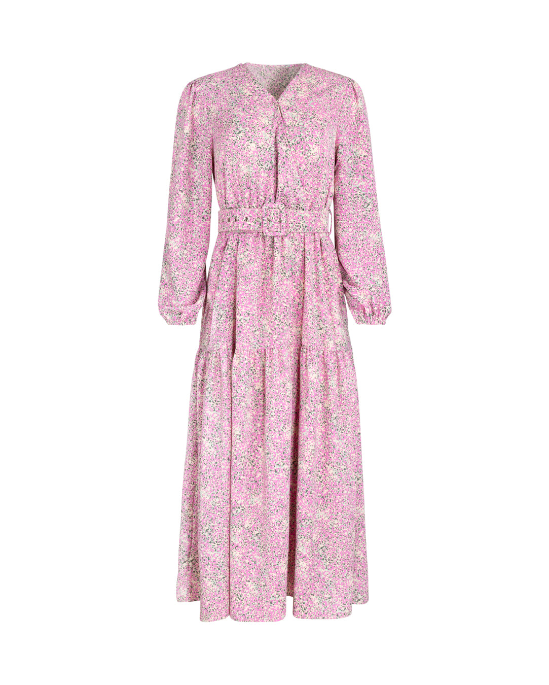 PINK MOCK WRAP BELTED DRESS