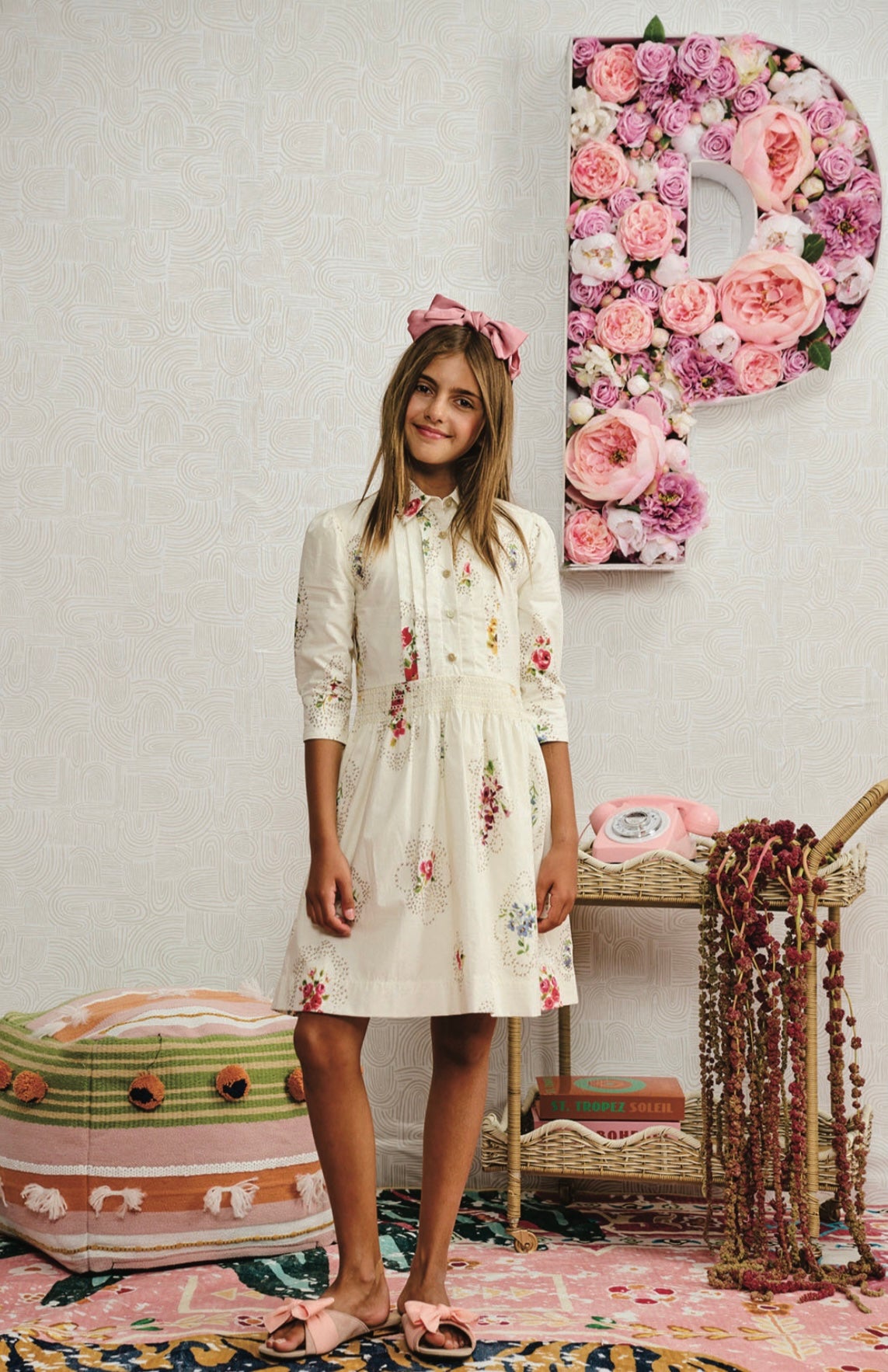 PORTER WHITE COTTON W/ COLORFUL FLORAL DESIGN DRESS