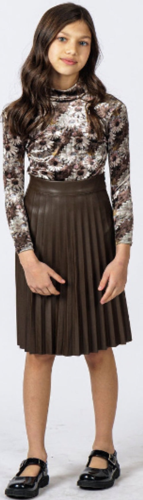 BROWN LEATHER PLEATED SKIRT