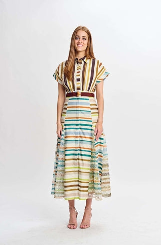 MULTICOLOR STRIPES WITH LACE INLAY DRESS