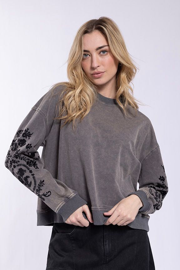 VELVET FLORAL PRINT SWEATSHIRT