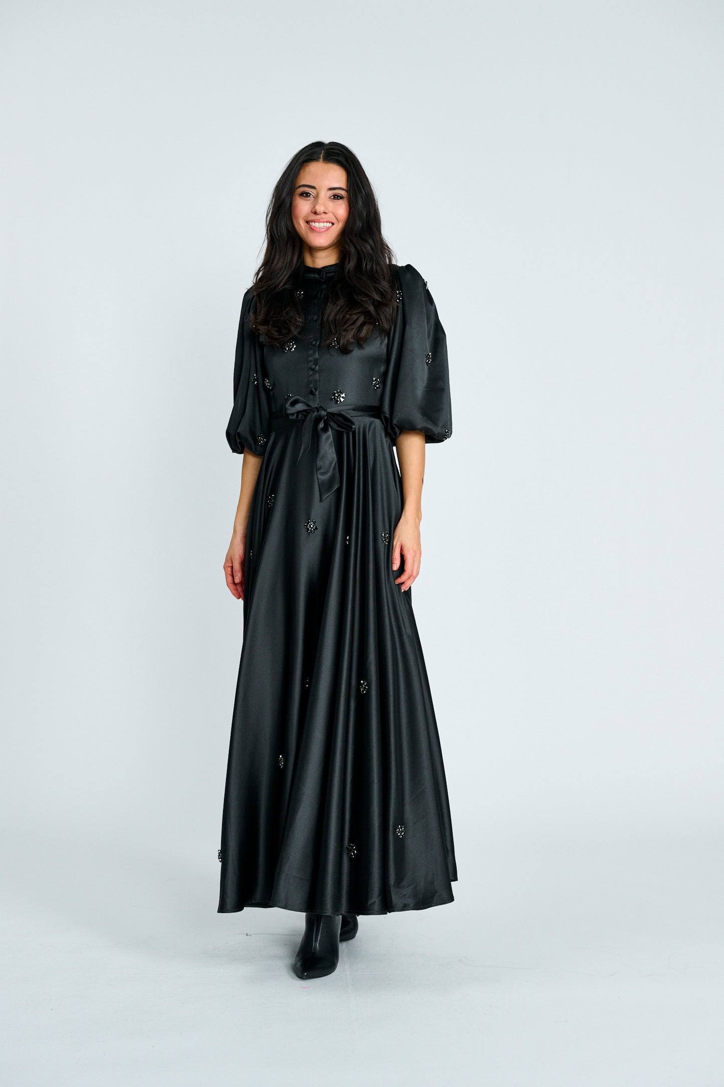 BLACK SATIN BELTED GROWN WITH JEWWLED TRIM