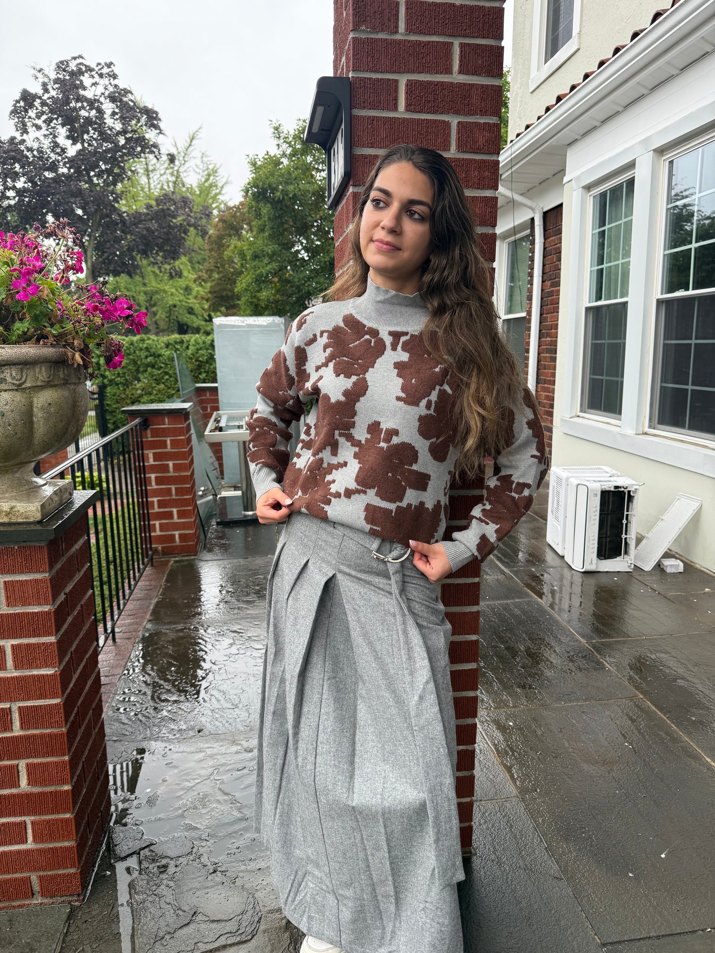 WOOL BELTED FRONT PLEAT MIDI SKIRT