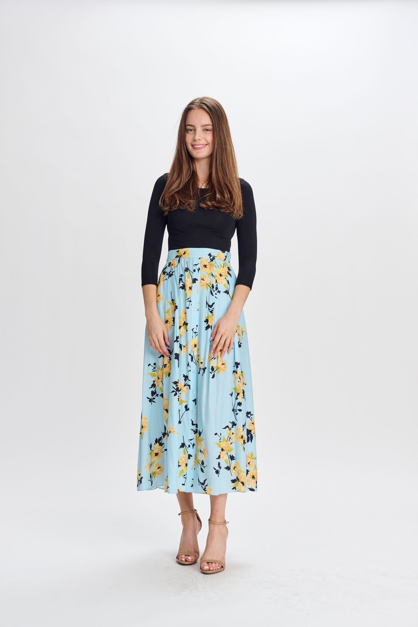 SKY BLUE W/ YELLOW FLORAL PRINT SKIRT