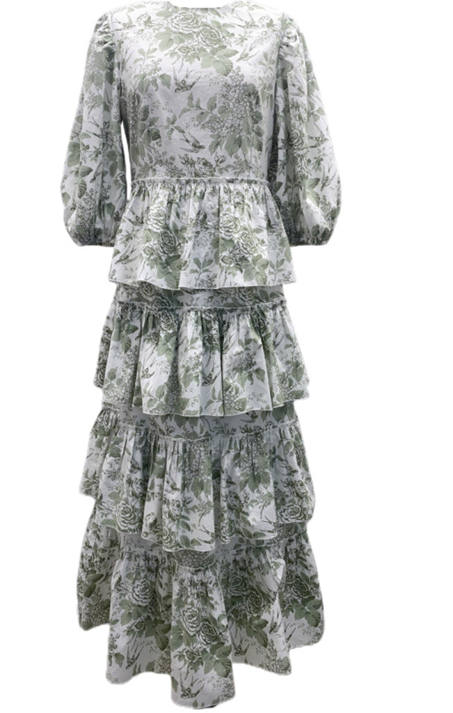 GREEN FLORAL TIERED DRESS