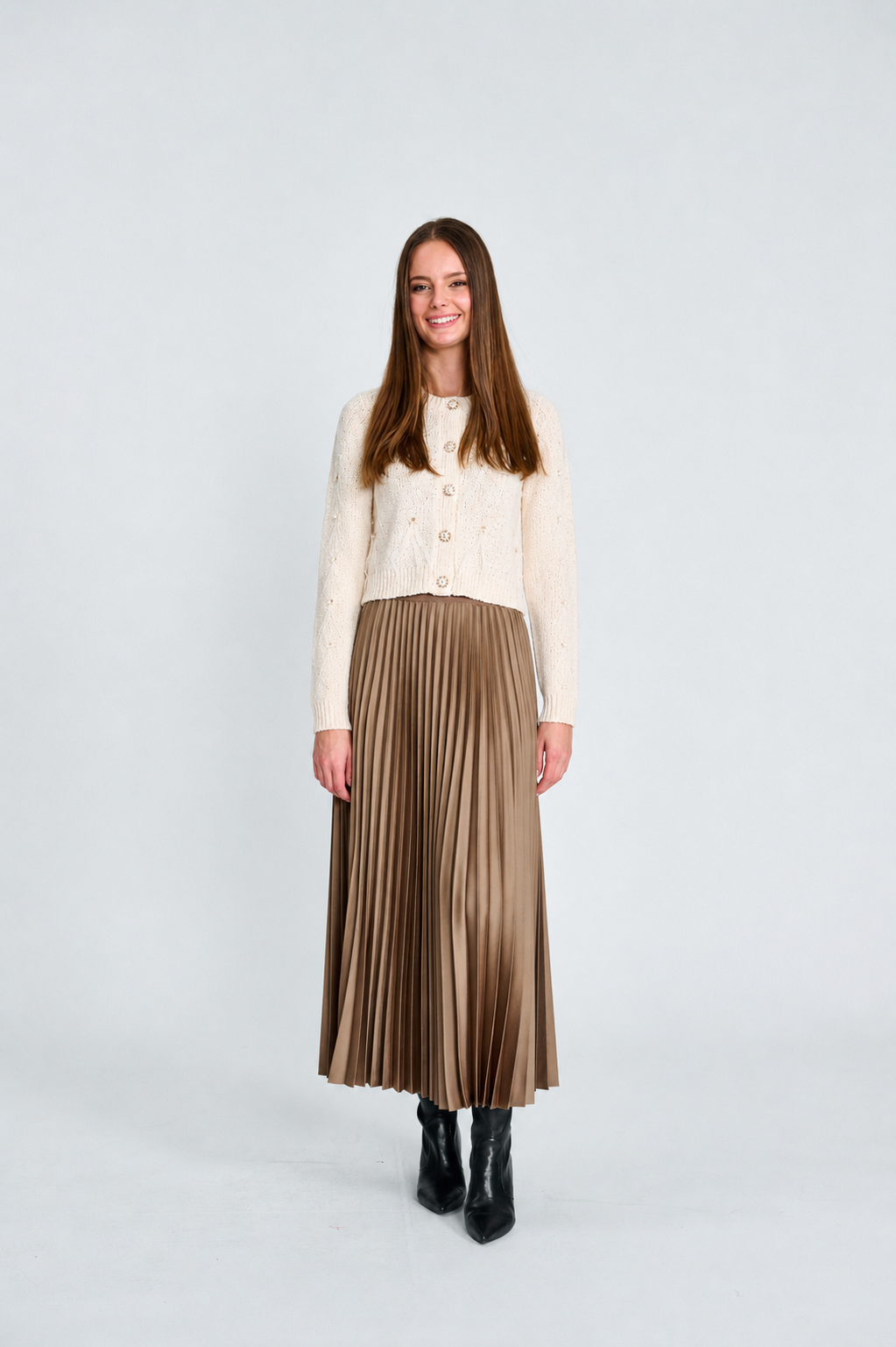 CHENILLE BUTTON DOWN TOP WITH BEADED FEATHER TRIM W/CAMEL PLEATED ELASTIC WASIT