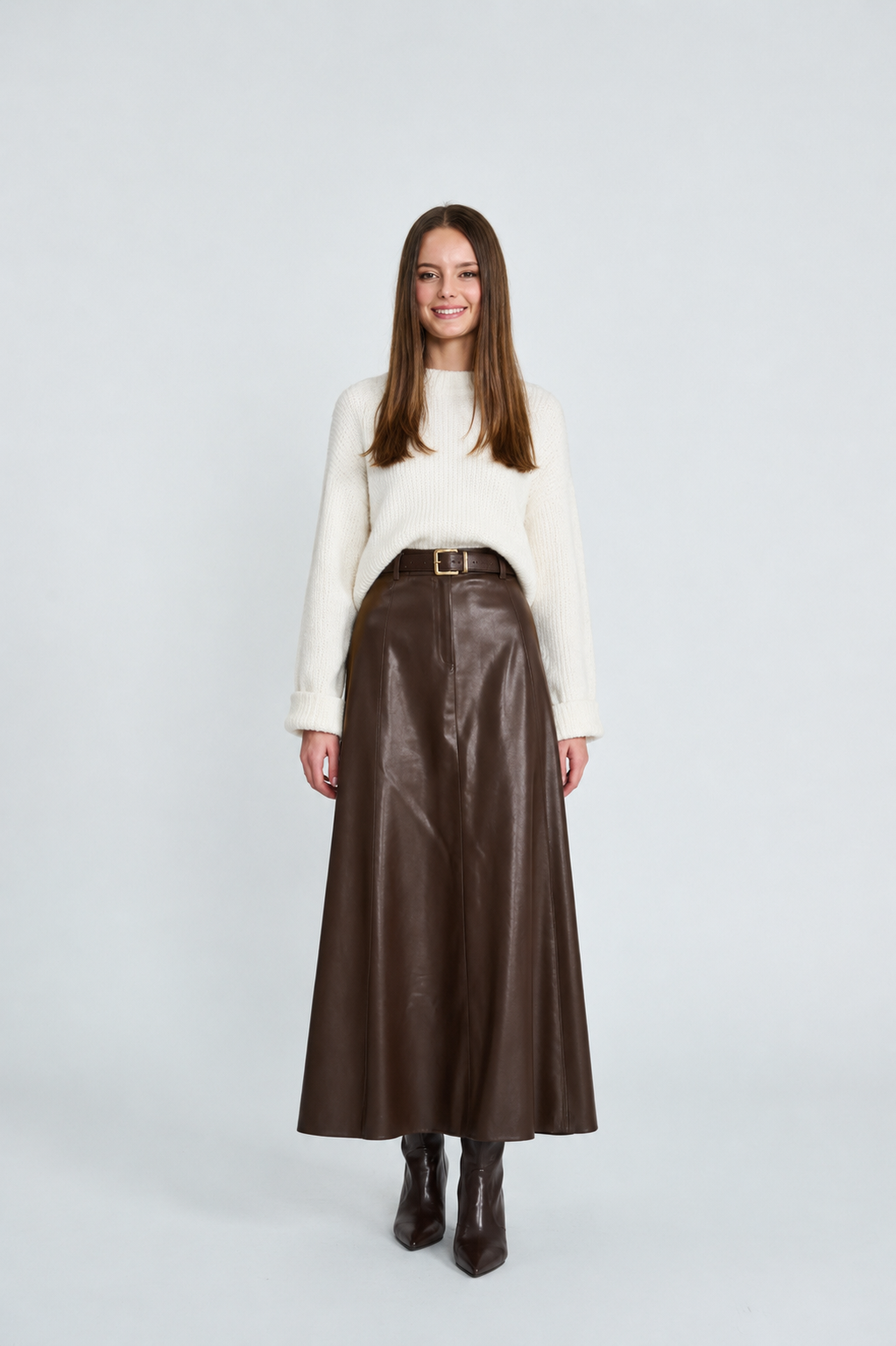 A-LINE LEATHER BELTED SKIRT