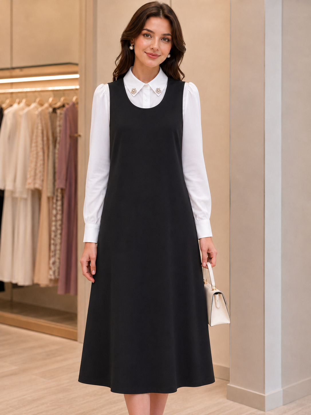 GIRLS WOVEN COTTON SHIRT WITH SATIN JUMPER DRESS