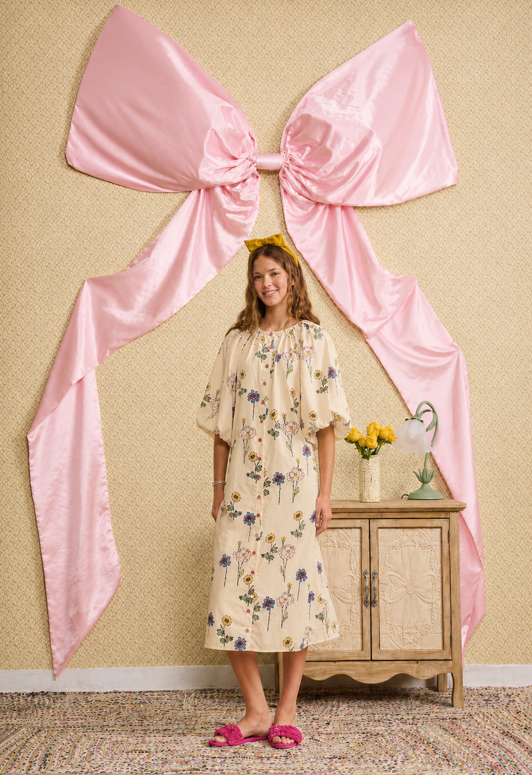 SMALL FLOWER PRINT BUTTON DOWN DRESS WITH POOF SLEEVE