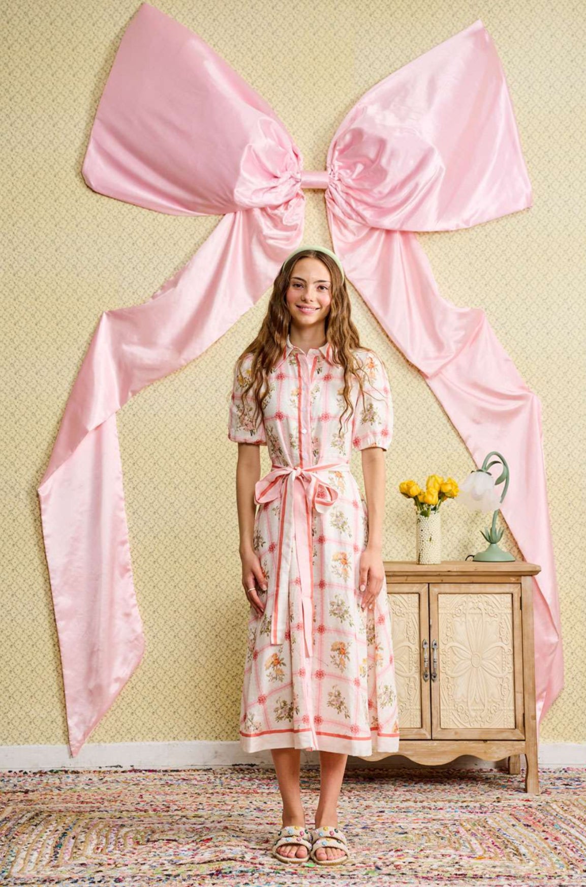 FLORAL PRINTED DRESS WITH STRIPED COMBO BELT & BORDER
