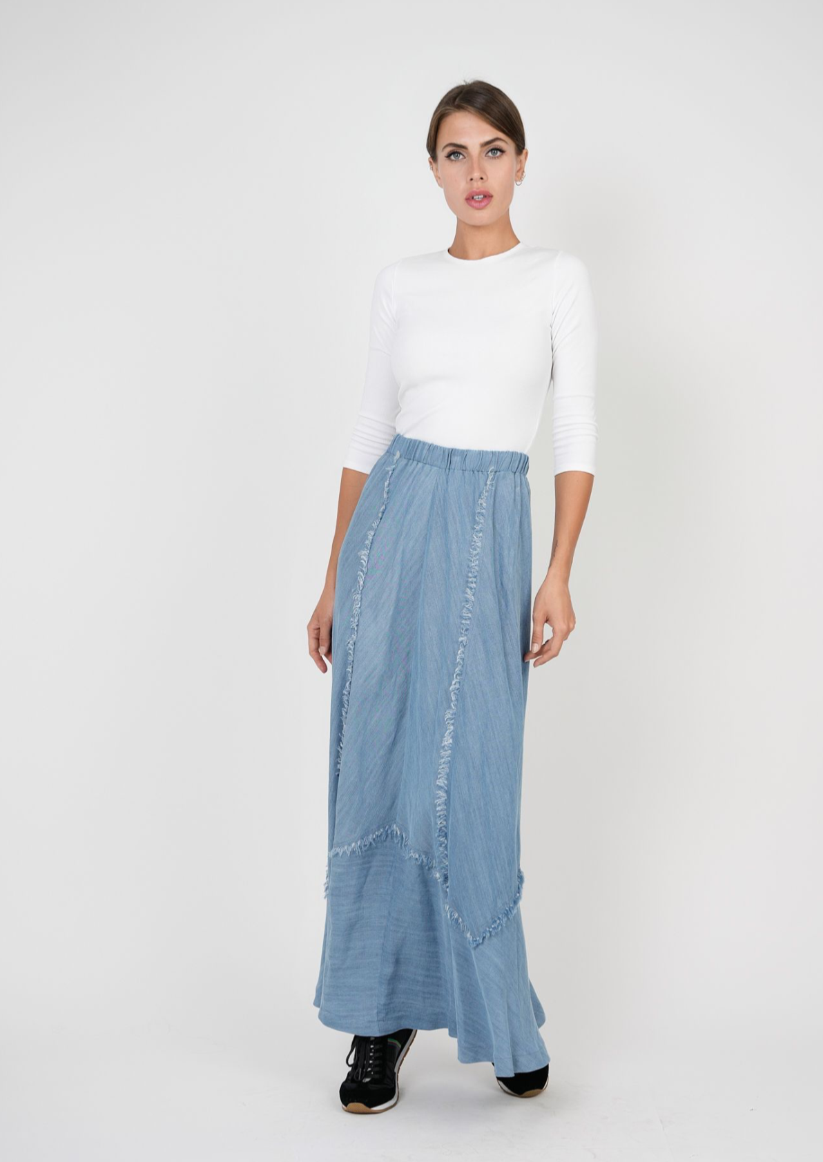 LADIES DENIM ASYMMETRICAL FRINGE SKIRT