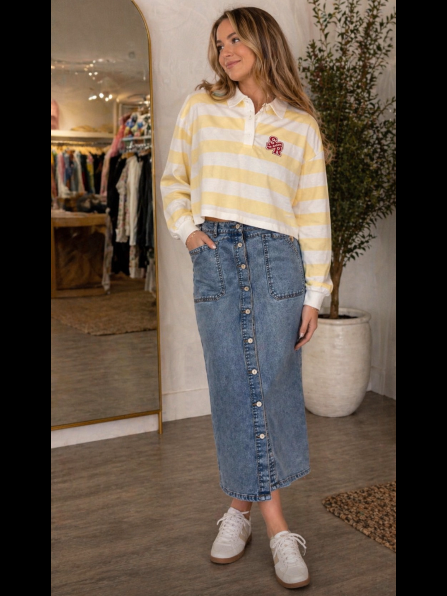 BUTTON DOWN DENIM MIDI SKIRT
