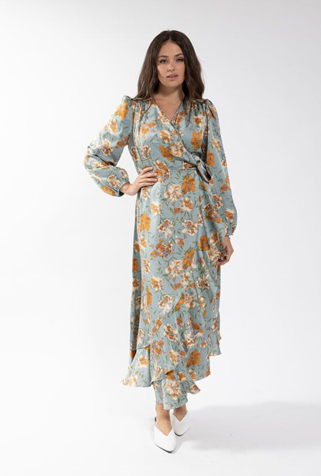 silk floral wrap dress Hope & Ivy flutter sleeve maxi wrap dress with tie waist in mint green floral print