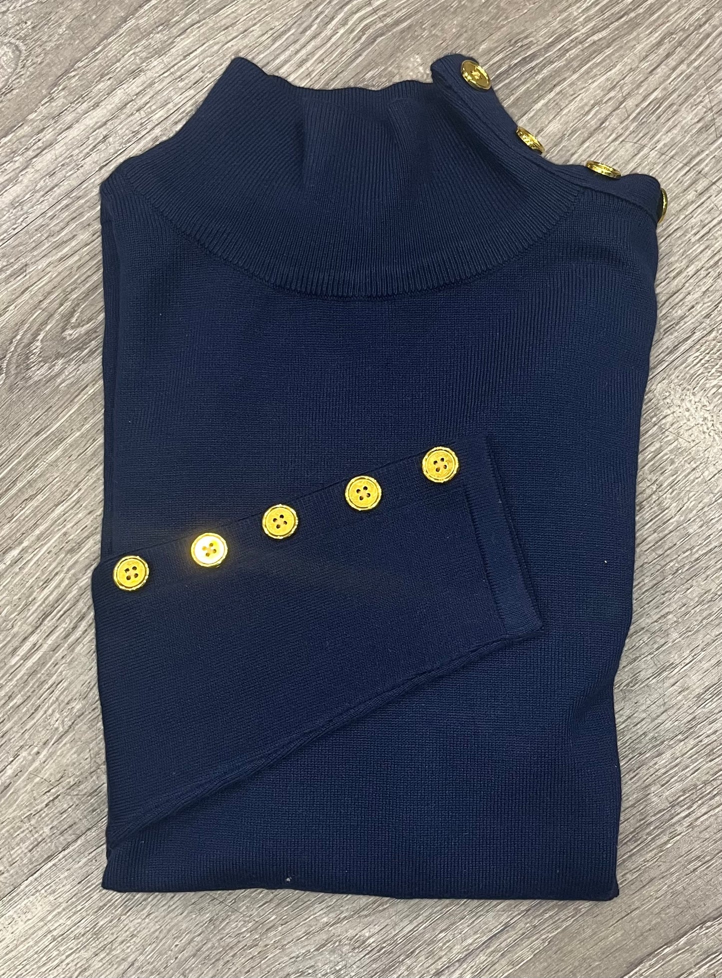 Basic Knit Mock Neck with Gold Button Decal