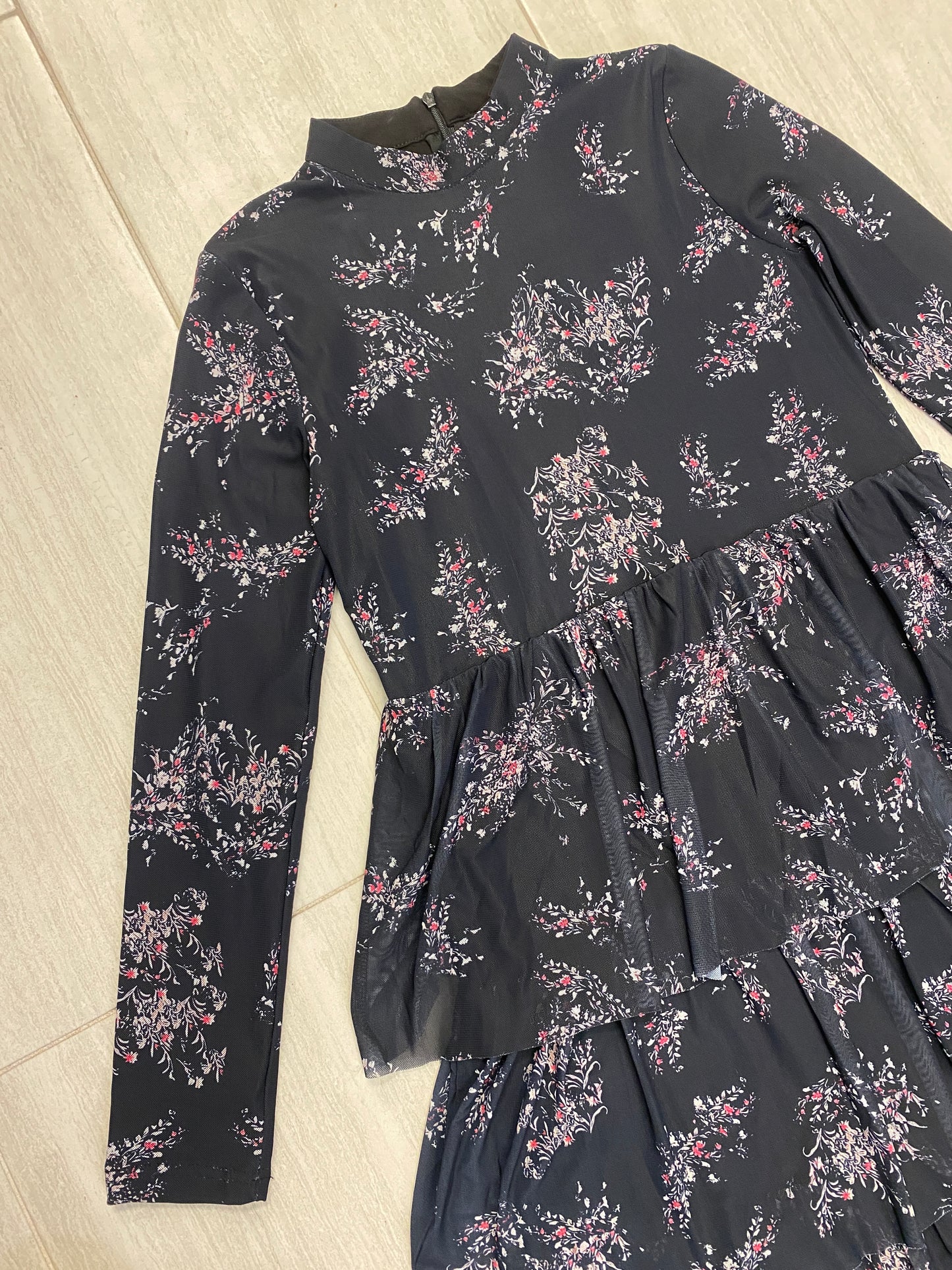 MESH RUCHED RUFFLED MIDI DRESS