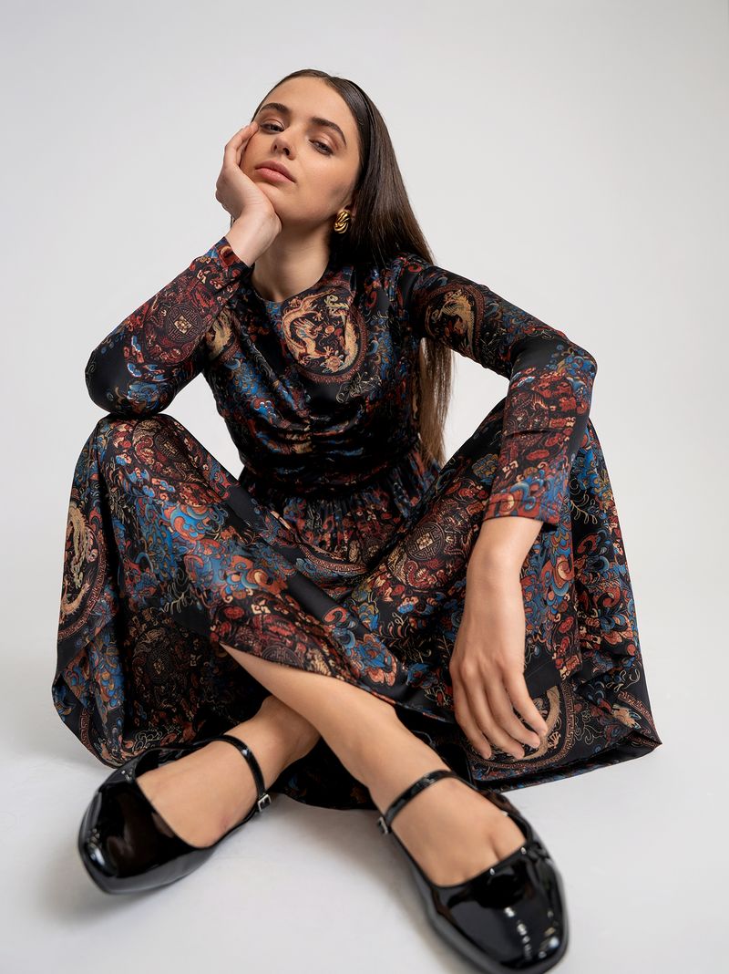 RUCHED PAISLEY DRESS