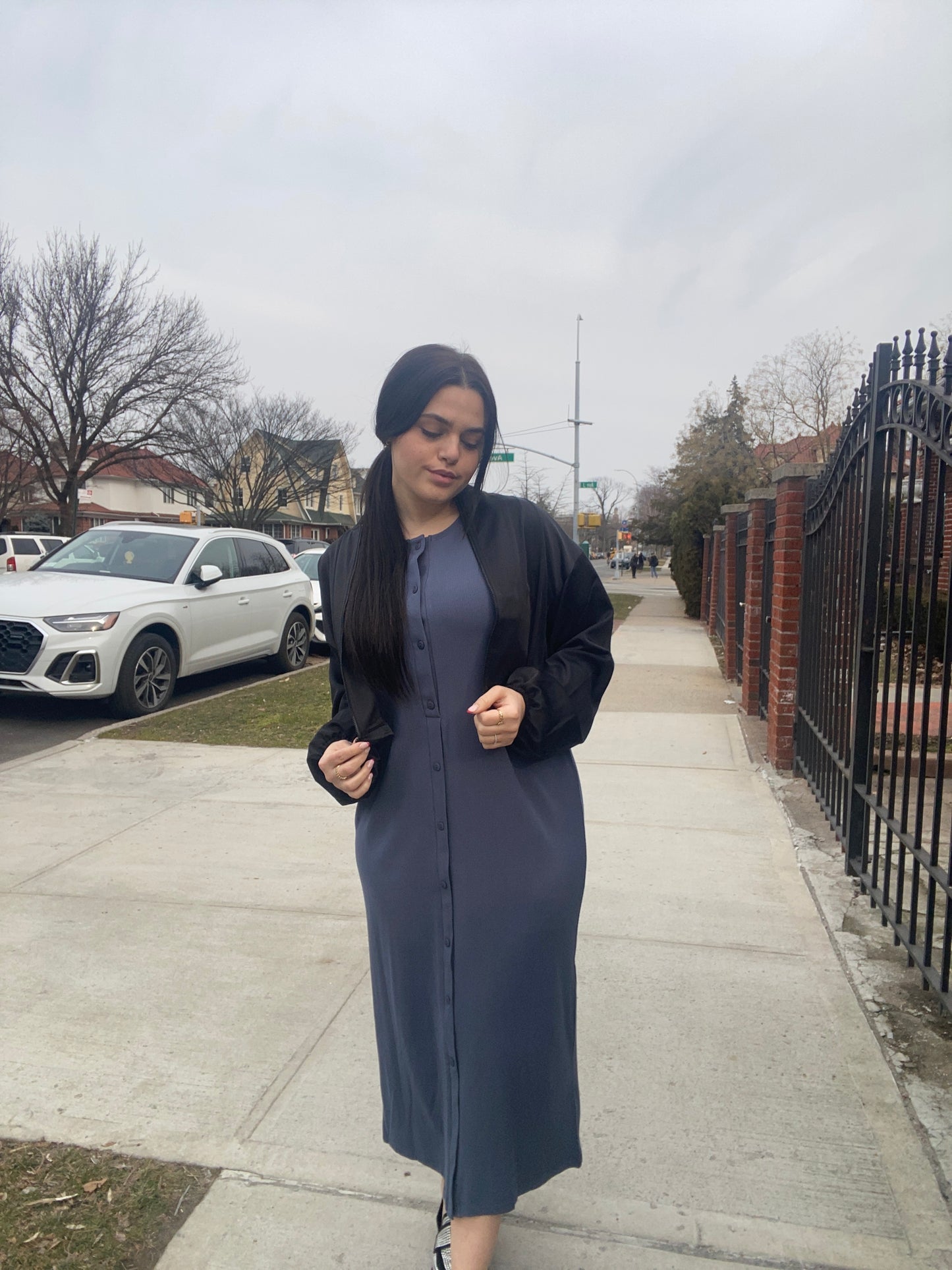 DENIM RIBBED MIDI DRESS