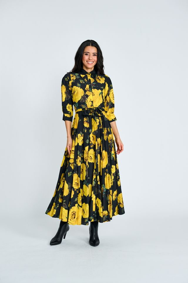 YELLOW FLORAL BUTTON DOWN BELTED DRESS