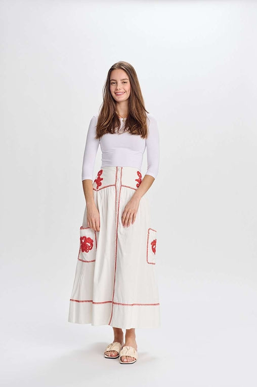 LIGHT RED EMBROIDERY DETAIL SKIRT