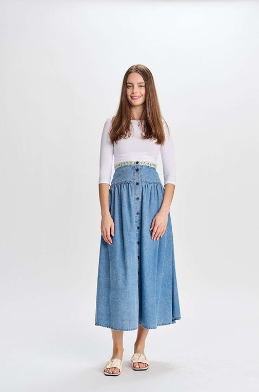 BUTTON DOWN DENIM SKIRT WITH FLORAL WAISTBAND