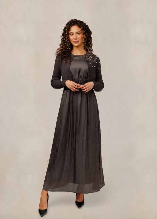 Charcoal Satin Dress with Embellished Cardigan