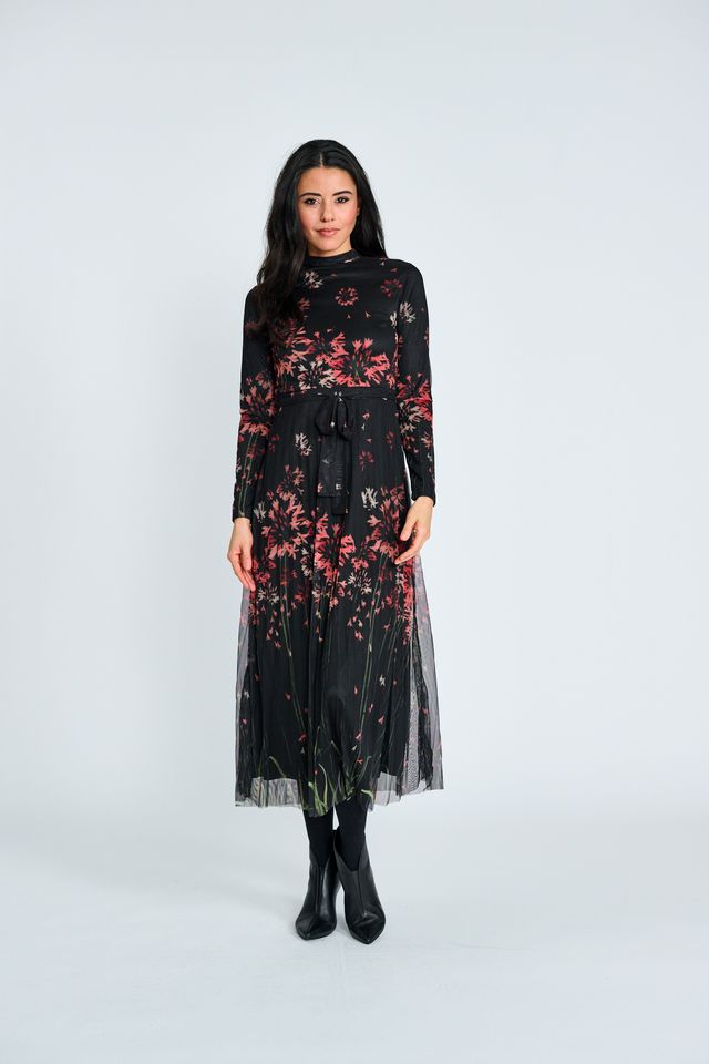 PRINTED MESH BELTED DRESS WITH PLEATED SKIRT