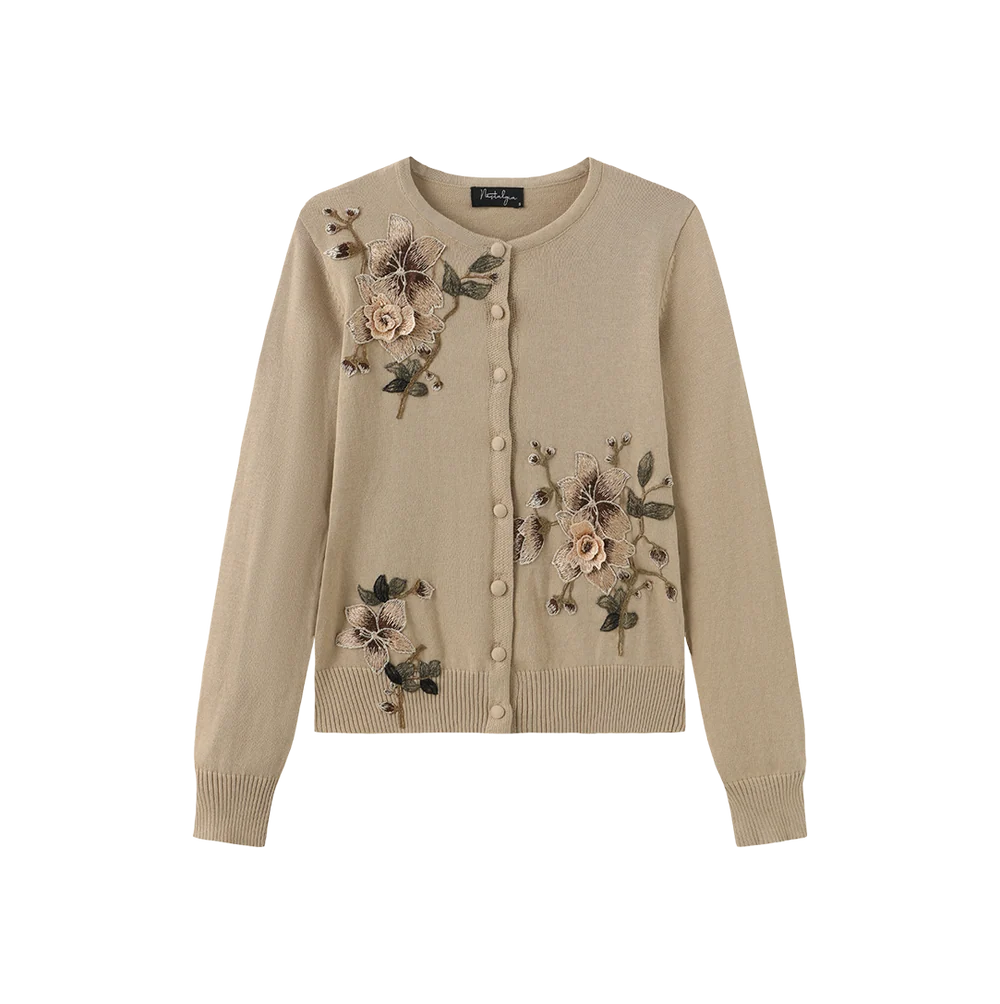 FLOWER EMBROIDERED HEM CARDIGAN
