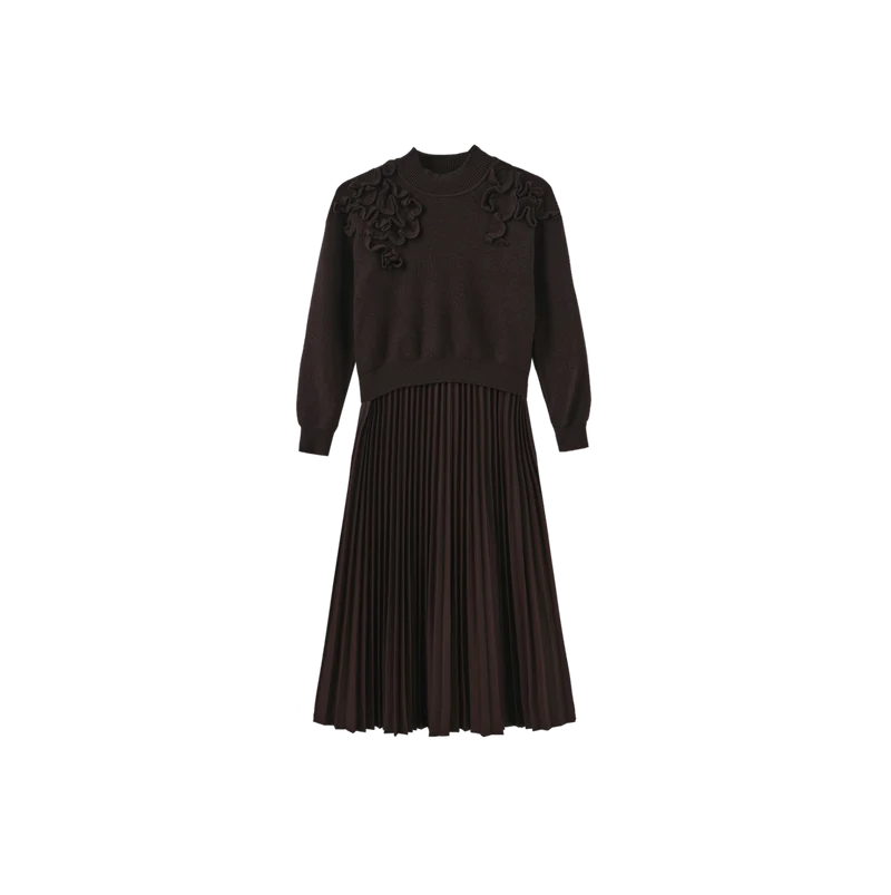 CHUNKY KNIT LEATHER PLEATED DRESS