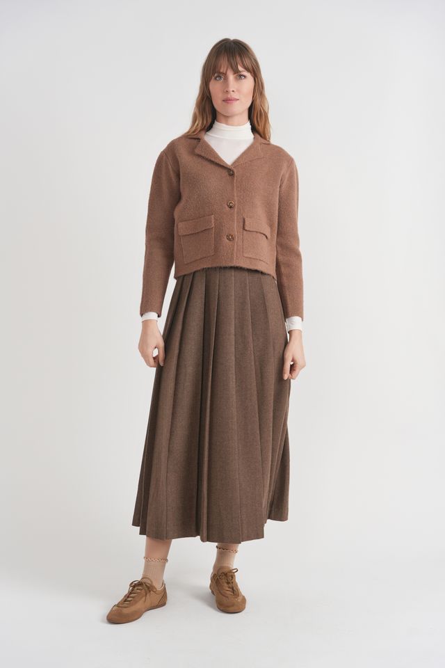 WOOL HERRINGBONE MAXI PLEATED SKIRT