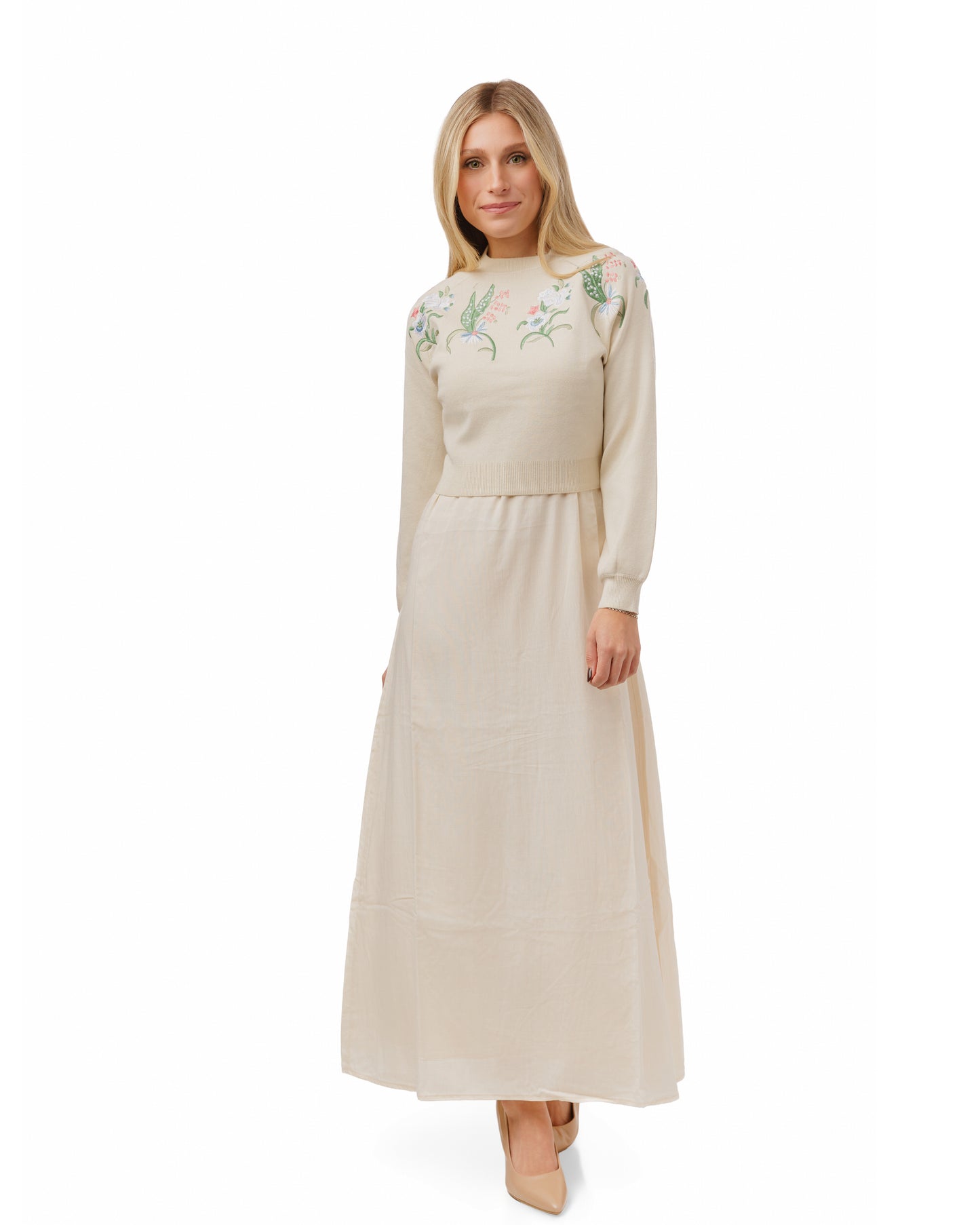 IVORY OVERLAY DRESS WITH EMBROIDERY