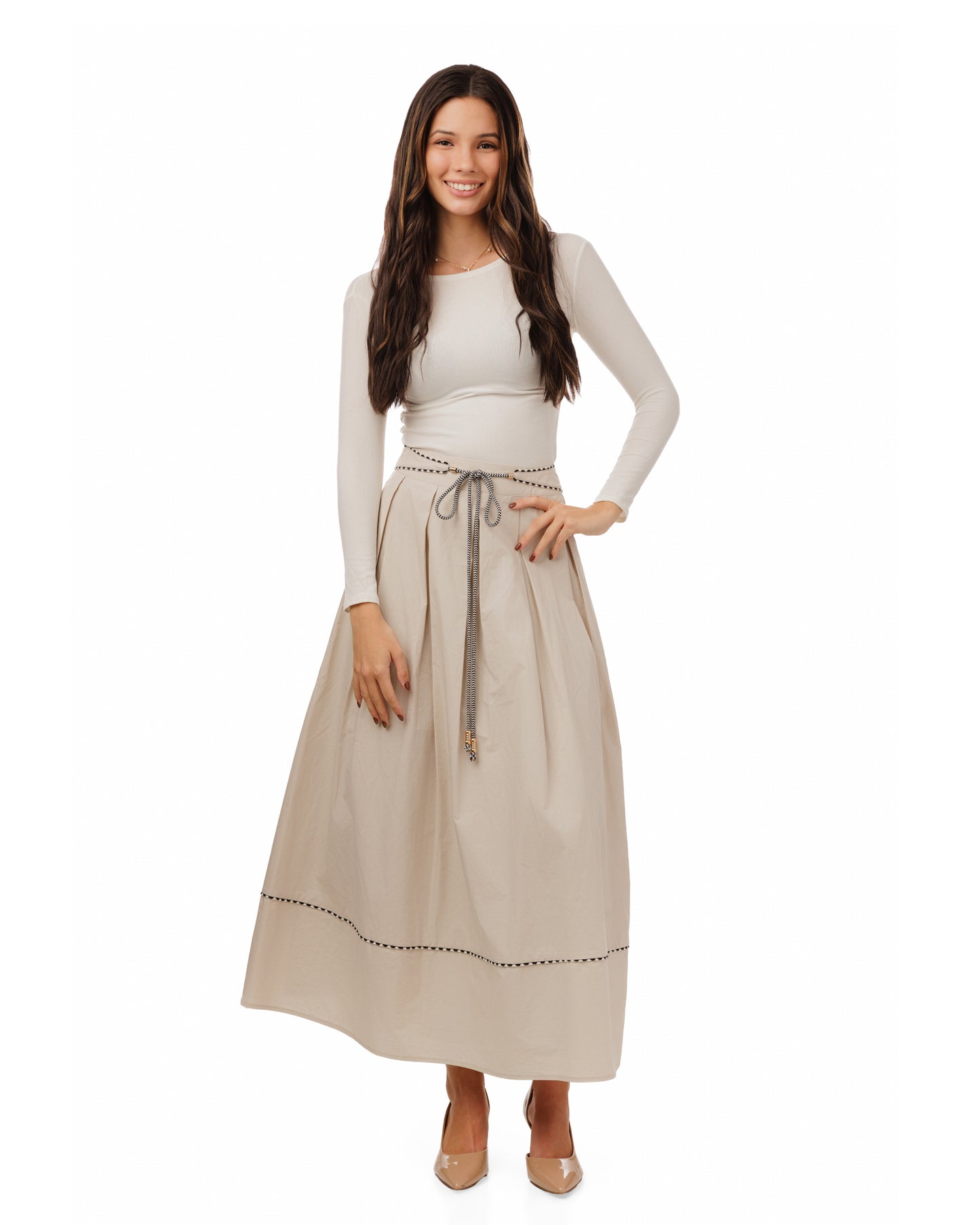 BEIGE COTTON SKIRT WITH BELT