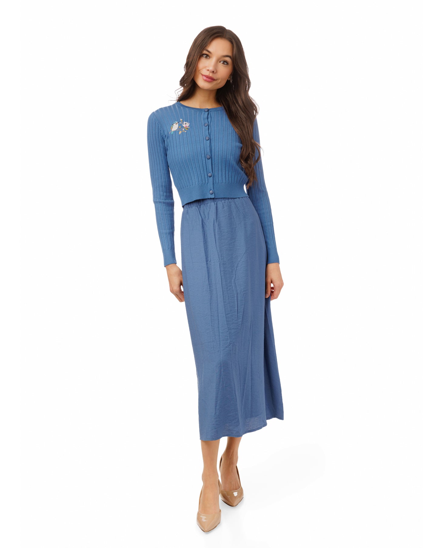 BLUE CARDI AND SKIRT SET