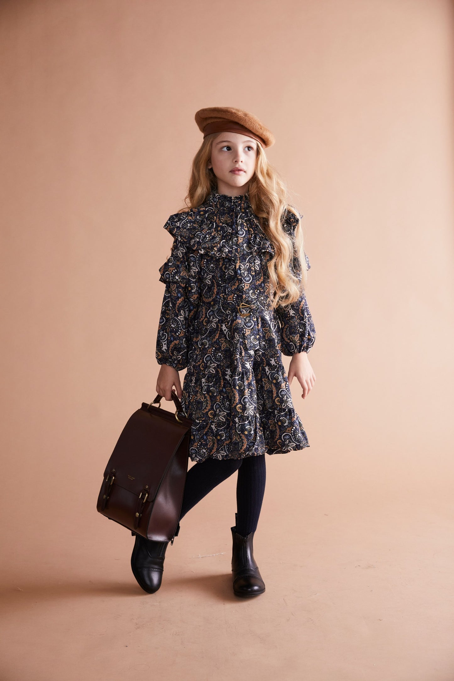 Black, Brown, and Blue Paisley Ruffled Shoulder Dress