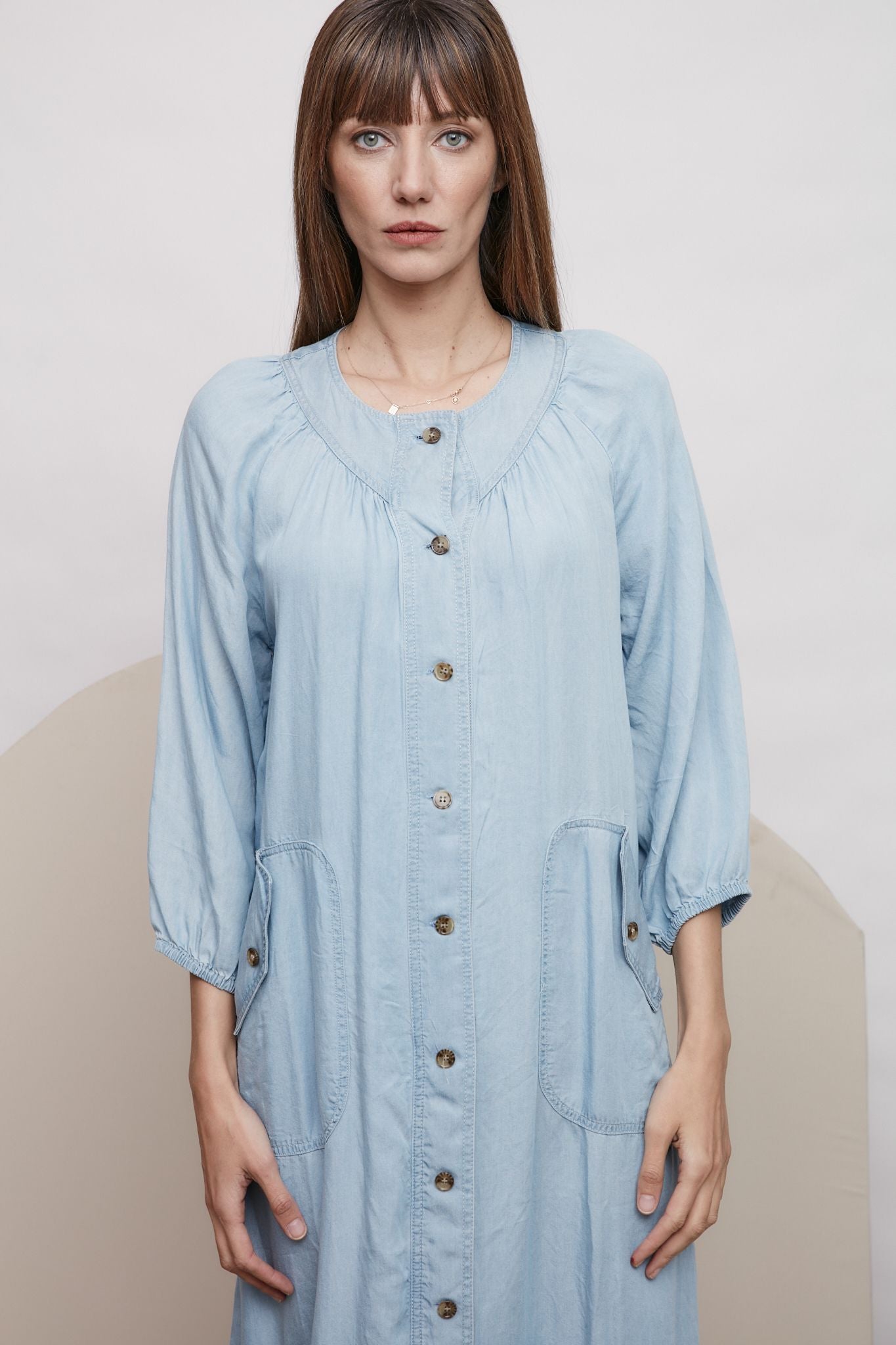 Button Denim Dress with Pocket Detail