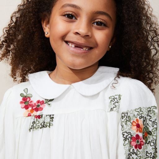 Collared Dress with Embroidered Flowers