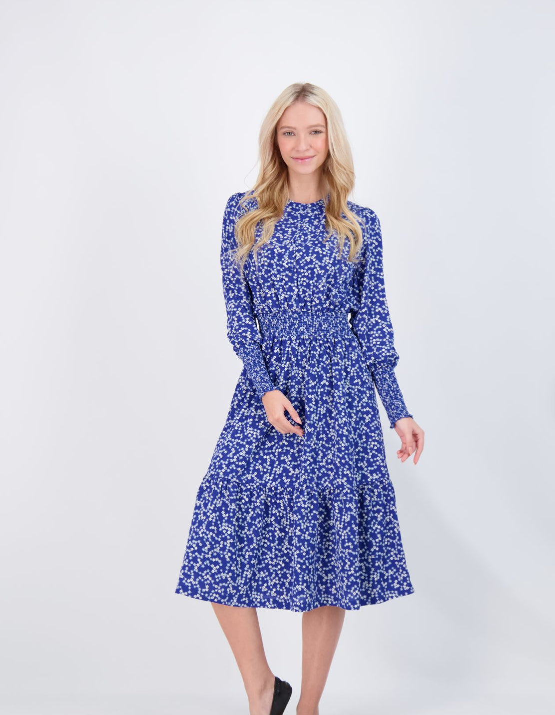 Royal Blue Smocked Floral Printed