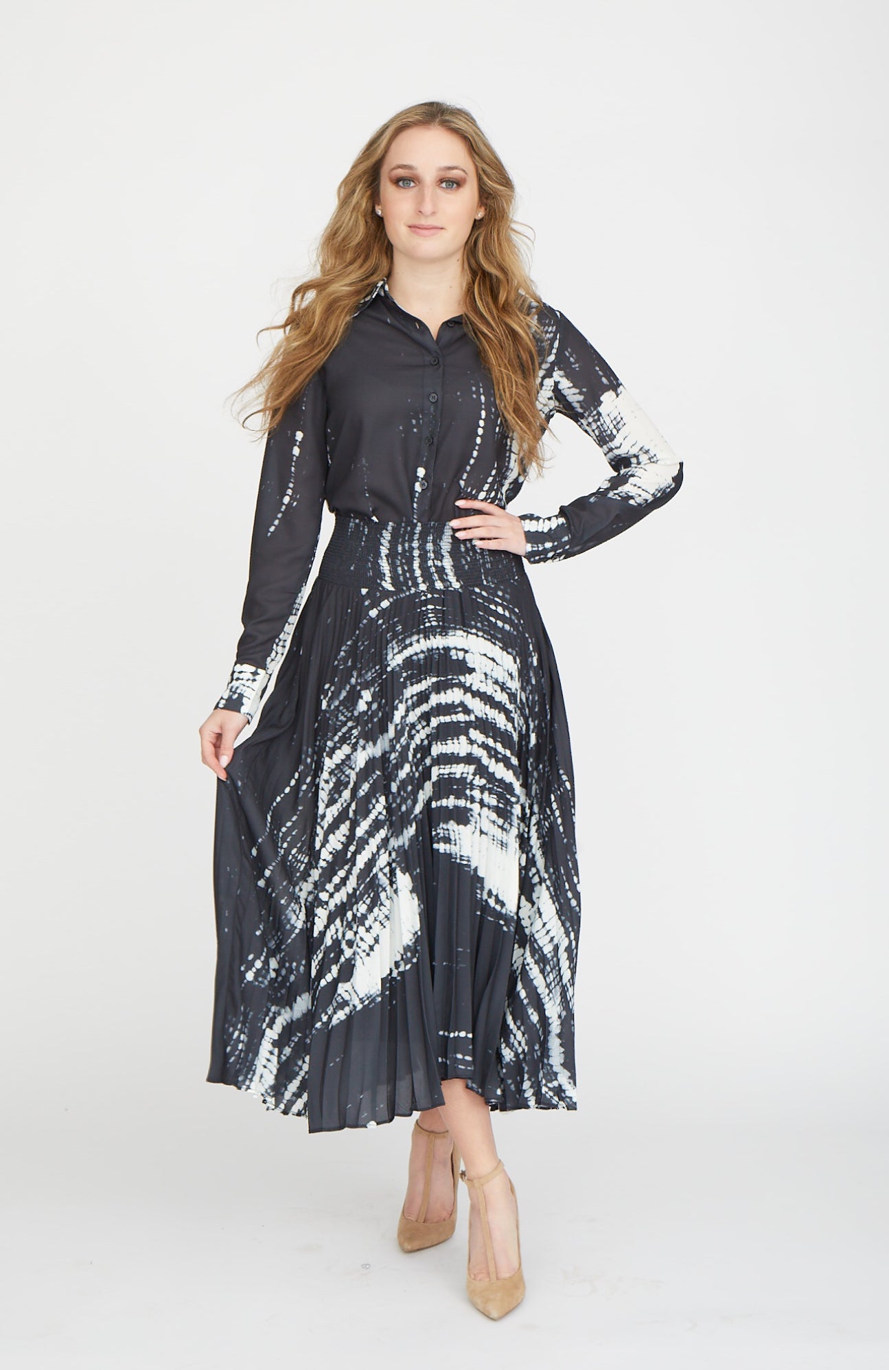 Midi Black and White Tie Dye Effect Pleated Set