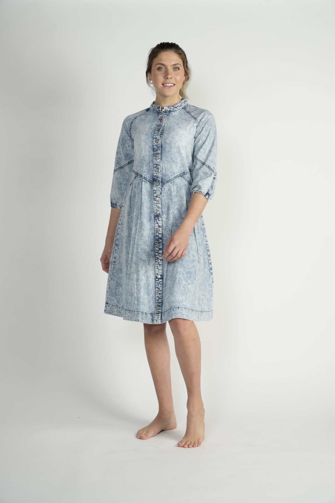 denim dress with pleats Pleated Front Tie Puff Sleeve Denim Mini Dress Medium