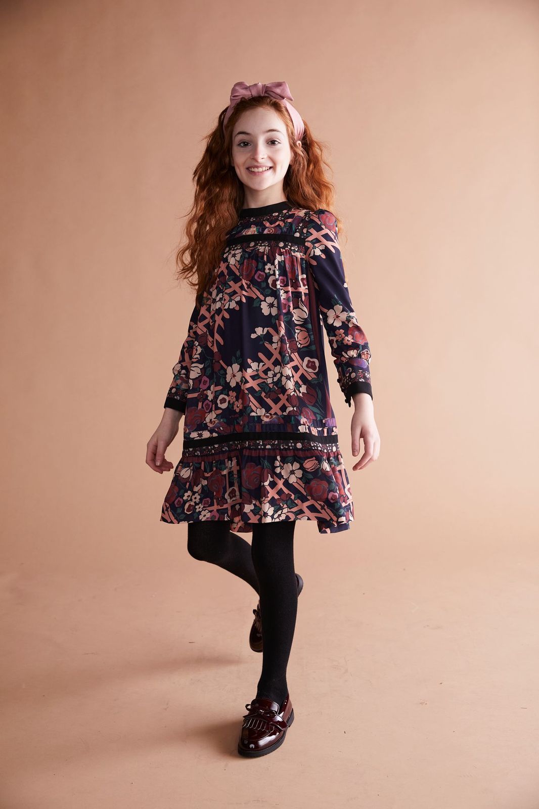 Black With Peach And Ivory Floral Design Dress