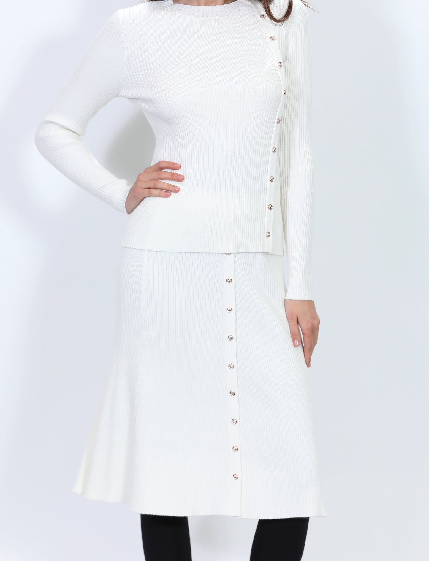 Ribbed Button Sweater - Set