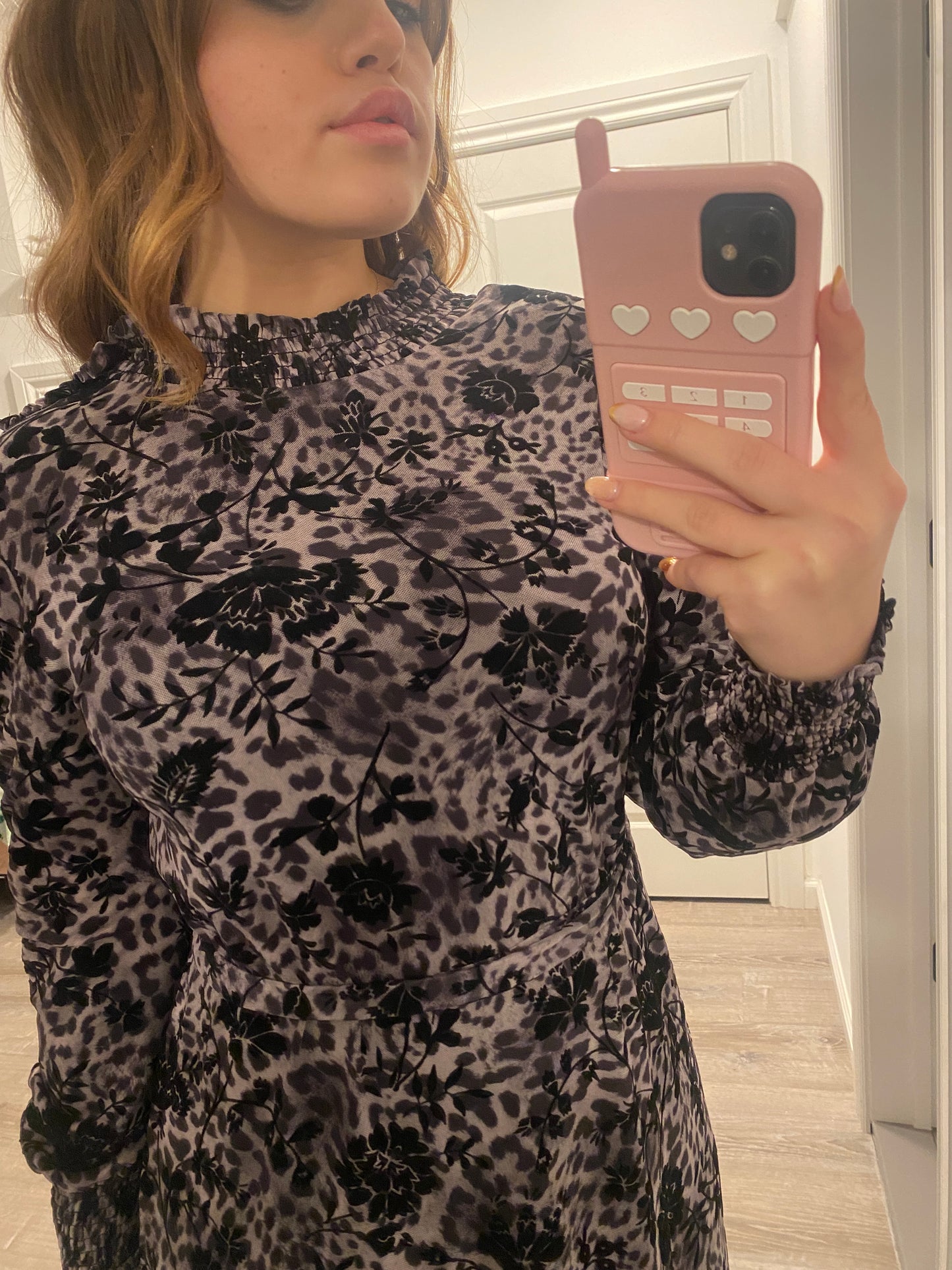 Light Mauve Mesh Dress With Cutout Black Velvet Floral Design