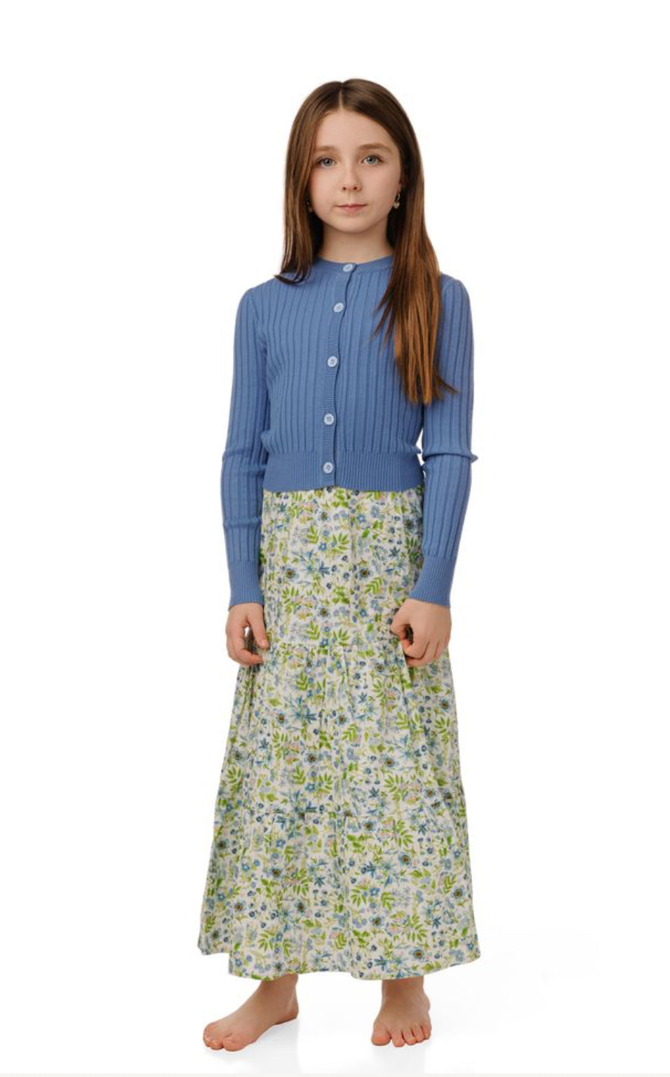 FLORAL PRINT DRAWSTRING DRESS WITH BLUE CARDIGAN