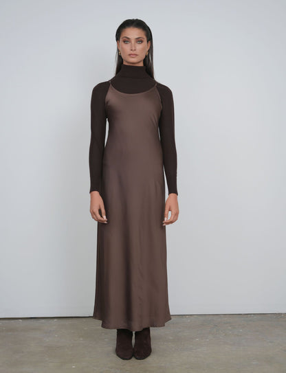 POINT SATIN A-LINE SLIP DRESS SOLIDS