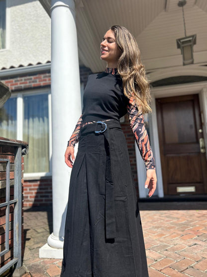 WOOL BELTED FRONT PLEAT MIDI SKIRT