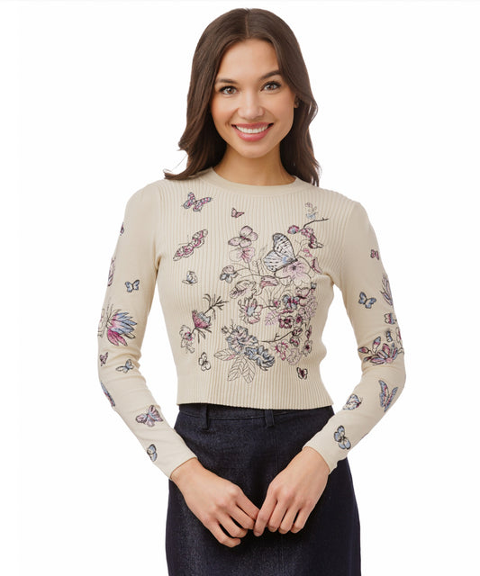 BEIGE KNIT RIBBED BUTTERFLY EMBROIDERED TOP