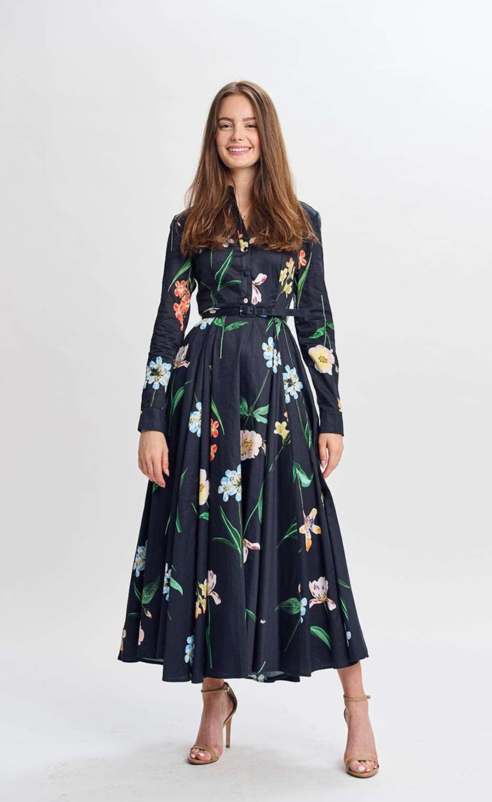 BLACK COTTON  BELTED DRESS W/ MULTICOLOR FLOWER DESIGN