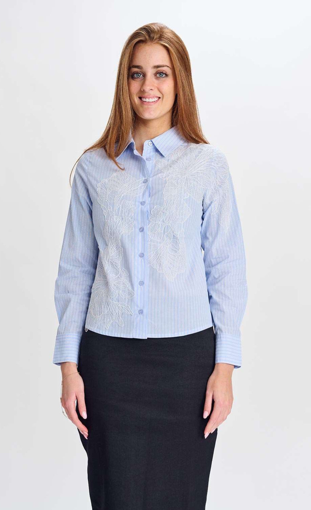STRIPED BUTTON DOWN SHIRT WITH FLORAL LACE TRIM