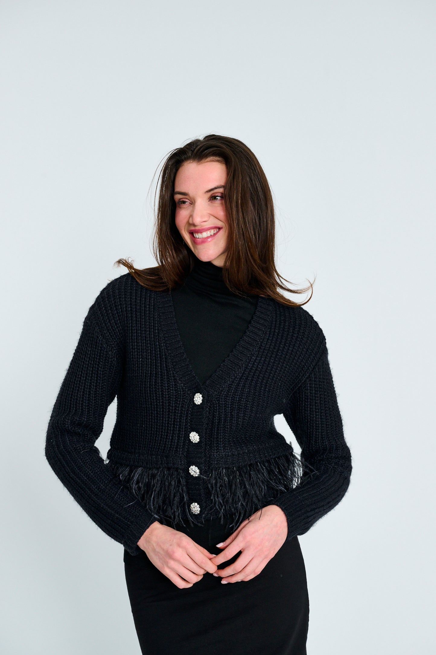 NAVY KNIT CARDIGAN WITH FEATHERED BORDER & RHINESSTONE BUTTON